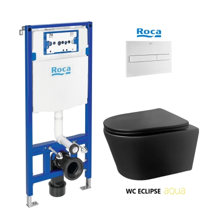 BASTIDOR ROCA DUPLO PACK CISTERNA EMPOTRADA Y PULSADOR PL7 BLANCO MATE CON INODORO SUSPENDIDO Rimless Eclipse Negro Mat de AQUA