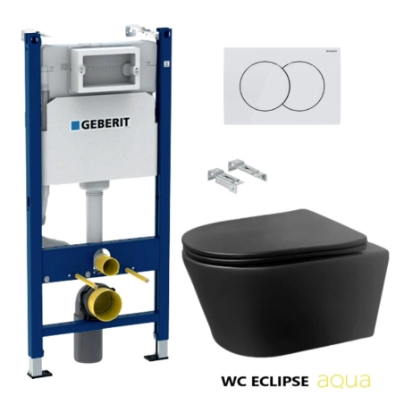 Bastidor GEBERIT Duofix pack cisterna empotrada y pulsador DELTA 01 bl br con WC suspendido AQUA ECLIPSE NEGRO MATE Rimless 48CM