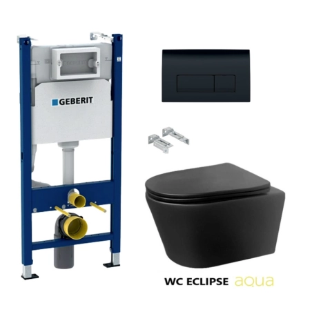 Bastidor GEBERIT Duofix pack cisterna empotrada y pulsador DELTA 50 ng br con WC suspendido AQUA ECLIPSE NEGRO MATE Rimless 48CM