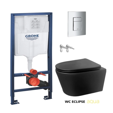 Bastidor GROHE pack cisterna empotrada y pulsador cromo brillo con inodoro suspendido Rimless ECLIPSE negro mate de AQUA