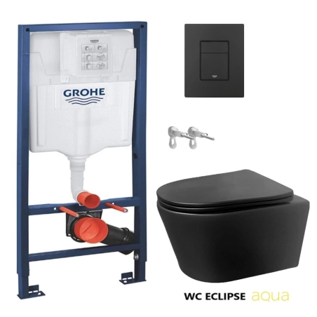 Bastidor GROHE pack cisterna empotrada y pulsador negro mate con inodoro suspendido Rimless ECLIPSE negro mate de AQUA