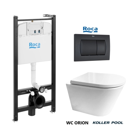 Bastidor Roca pack cisterna empotrada y pulsador negro mate con inodoro suspendido Rimless ORION blanco brillo de Koller Pool