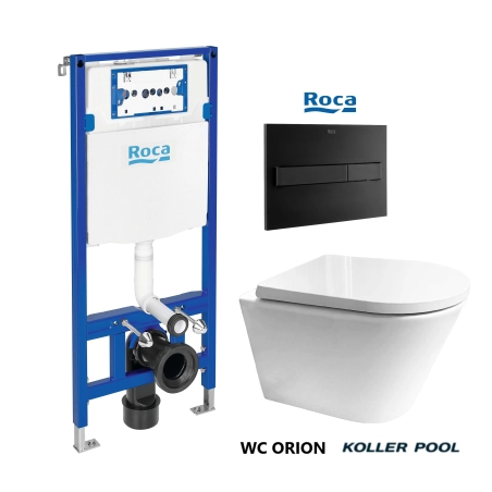 BASTIDOR ROCA DUPLO PACK CISTERNA EMPOTRADA Y PULSADOR PL7 DUAL NEGRO CON INODORO SUSPENDIDO Rimless Orion Blanco Koller Pool