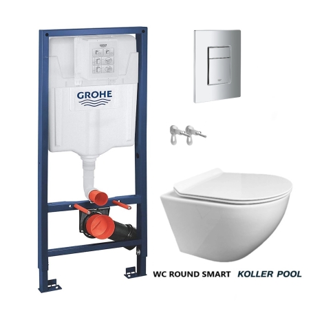 Bastidor GROHE pack cisterna empotrada y pulsador cromo brillo con inodoro suspendido Rimless ROUND blanco 49 Tapa fina