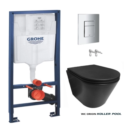 Bastidor GROHE pack cisterna empotrada y pulsador cromo brillo con inodoro suspendido Rimless ORION negro mate de Koller Pool