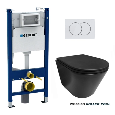 Bastidor GEBERIT Duofix pack cisterna empotrada y pulsador DELTA 01 bl br con WC suspendido KP ORION NEGRO MATE Rimless