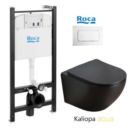 BASTIDOR ROCA ACTIVE PACK CISTERNA EMPOTRADA Y PULSADOR BLANCO BRILLO CON INODORO SUSPENDIDO KALIOPA NEGRO MAT 49cm AQUA