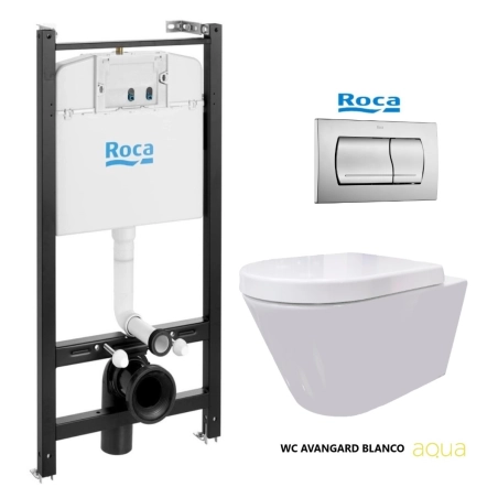 BASTIDOR ROCA ACTIVE PACK CISTERNA EMPOTRADA Y PULSADOR CROMO MATE CON INODORO SUSPENDIDO Rim-ex Avangard blanco br AQUA