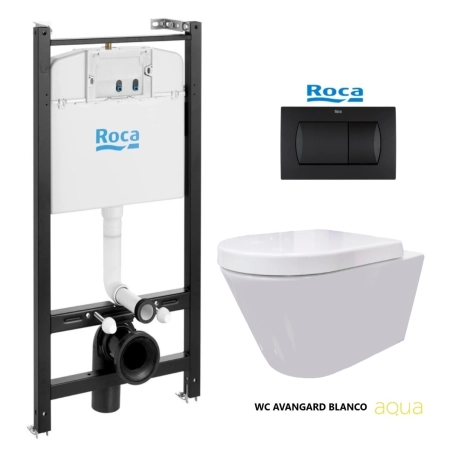 BASTIDOR ROCA ACTIVE PACK CISTERNA EMPOTRADA Y PULSADOR NEGRO MATE CON INODORO SUSPENDIDO Rim-ex Avangard blanco br AQUA