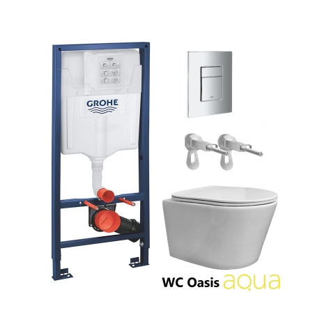 BASTIDOR GROHE PACK CISTERNA EMPOTRADA Y PULSADOR CROMO CON INODORO SUSPENDIDO RIMLESS OASIS BLANCO BRILLO 48CM