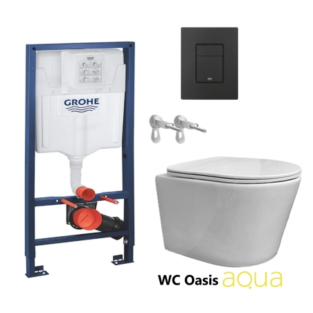 BASTIDOR GROHE PACK CISTERNA EMPOTRADA Y PULSADOR EVEN NEGRO CON INODORO SUSPENDIDO RIMLESS OASIS BLANCO BRILLO 48CM