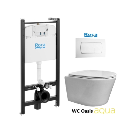 BASTIDOR ROCA ACTIVE PACK CISTERNA EMPOTRADA Y PULSADOR BLANCO BR CON INODORO SUSPENDIDO RIMLESS OASIS BLANCO BRILLO 48CM