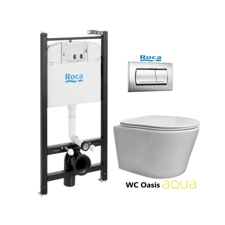 BASTIDOR ROCA ACTIVE PACK CISTERNA EMPOTRADA Y PULSADOR CROMO BR CON INODORO SUSPENDIDO RIMLESS OASIS BLANCO BRILLO 48CM