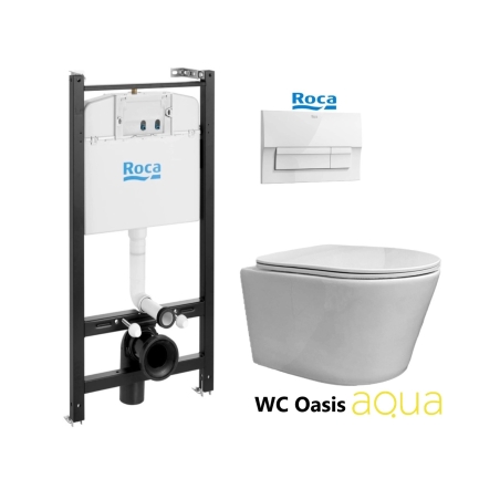 BASTIDOR ROCA ACTIVE PACK CISTERNA EMPOTRADA Y PULSADOR BLANCO BR NEW CON INODORO SUSPENDIDO RIMLESS OASIS BLANCO BRILLO 48CM