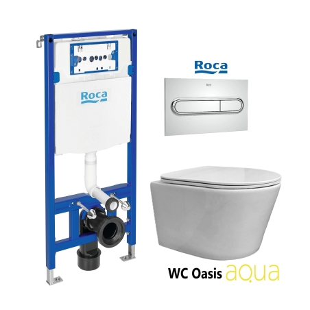 BASTIDOR ROCA DUPLO PACK CISTERNA EMPOTRADA Y PULSADOR PL1 DUAL CROMO BR CON INODORO SUSPENDIDO RIMLESS OASIS BLANCO BRILLO 48CM