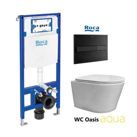 BASTIDOR ROCA DUPLO PACK CISTERNA EMPOTRADA Y PULSADOR PL7 DUAL NEGRO Mat C/ WC SUSPENDIDO RIMLESS OASIS BLANCO BRILLO 48CM