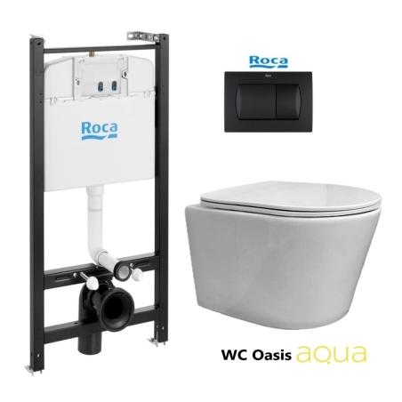 BASTIDOR ROCA ACTIVE PACK CISTERNA EMPOTRADA Y PULSADOR NEGRO MAT CON INODORO SUSPENDIDO RIMLESS OASIS BLANCO BRILLO 48CM
