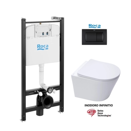 BASTIDOR ROCA ACTIVE PACK CISTERNA EMPOTRADA Y PULSADOR NEG MAT CON WC SUSPENDIDO RIM-EX INFINITIO BLANCO BRILLO 48cm DE SAT