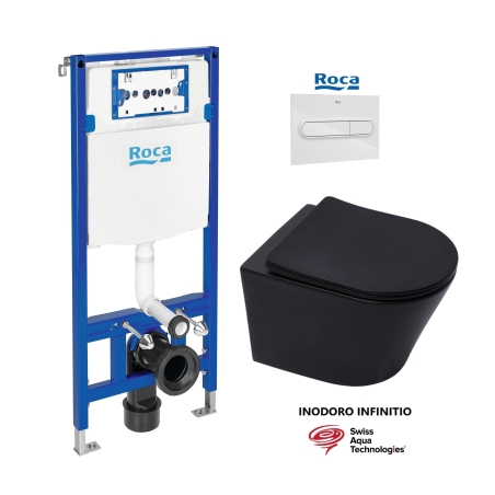 BASTIDOR ROCA DUPLO PACK CISTERNA EMPOTRADA Y PULSADOR PL1 DUAL BL CON WC SUSPENDIDO RIM-EX INFINITIO NEGRO MAT 48cm DE SAT
