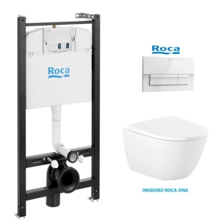 BASTIDOR ROCA ACTIVE PACK CISTERNA EMPOTRADA Y PULSADOR BLANCO BRILLANTE NEW CON INODORO SUSPENDIDO ROCA ONA asiento Soft Close