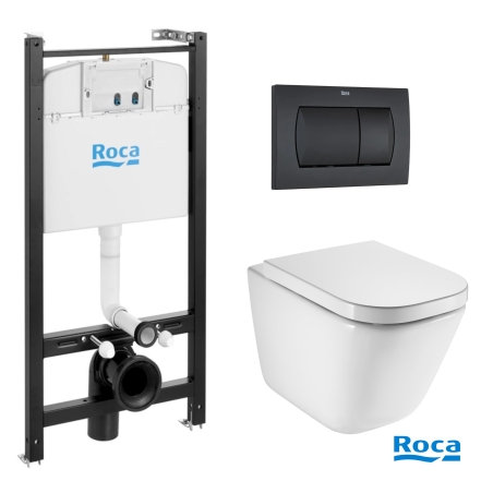 BASTIDOR ROCA ACTIVE PACK CISTERNA EMPOTRADA Y PULSADOR NEGRO MAT CON INODORO SUSPENDIDO ROCA THE GAP CON SISTEMA RIMLESS