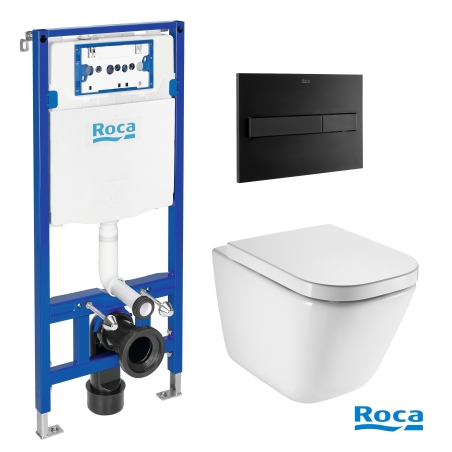 BASTIDOR ROCA DUPLO ONE PACK CISTERNA EMPOTRADA Y PULSADOR PL7 NEGRO MAT CON INODORO SUSPENDIDO ROCA THE GAP CON SISTEMA RIMLESS