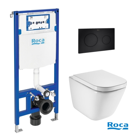 BASTIDOR ROCA DUPLO CON CISTERNA EMPOTRADA Y PULSADOR PL10 NEGRO MATE CON INODORO SUSPENDIDO ROCA THE GAP CON SISTEMA RIMLESS