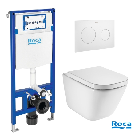 BASTIDOR ROCA DUPLO CON CISTERNA EMPOTRADA Y PULSADOR PL10 BLANCO MATE CON INODORO SUSPENDIDO ROCA THE GAP CON SISTEMA RIMLESS