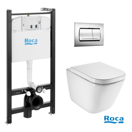 BASTIDOR ROCA ACTIVE PACK CISTERNA EMPOTRADA Y PULSADOR CROMO BR CON INODORO SUSPENDIDO ROCA THE GAP CON SISTEMA RIMLESS