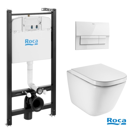 BASTIDOR ROCA ACTIVE PACK CISTERNA EMPOTRADA Y PULSADOR BLANCO BR NEW CON INODORO SUSPENDIDO ROCA THE GAP CON SISTEMA RIMLESS