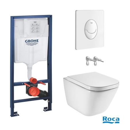 BASTIDOR GROHE PACK CISTERNA EMPOTRADA Y PULSADOR SKATE AIR BLANCO BRILLO CON INODORO SUSP ROCA THE GAP CON SISTEMA RIMLESS