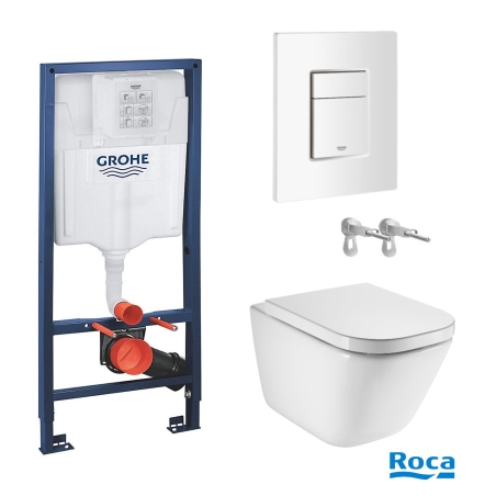 BASTIDOR GROHE PACK CISTERNA EMPOTRADA Y PULSADOR SKATE COSMO BLANCO BRILLO CON INODORO SUSP ROCA THE GAP CON SISTEMA RIMLESS