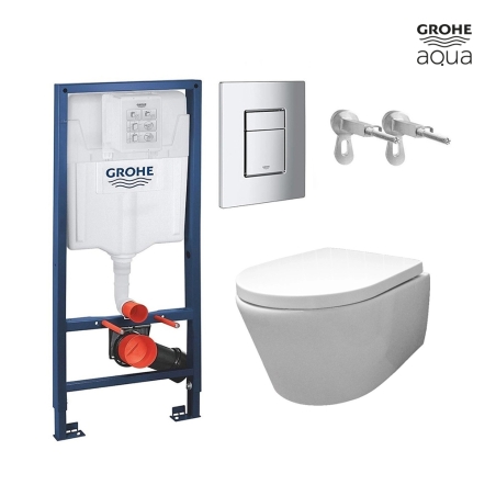 Bastidor GROHE pack cisterna empotrada y pulsador cromo brillo con inodoro suspendido Rimless Croma blanco br AQUA