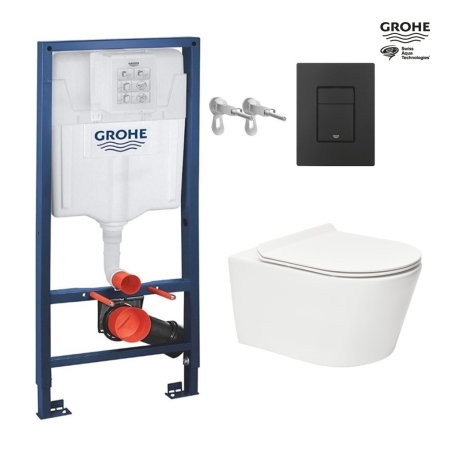 BASTIDOR GROHE PACK CISTERNA EMPOTRADA Y PULSADOR NEGRO MATE CON INODORO SUSPENDIDO BREVIS BLANCO BR Rim-Ex 53cm de SAT