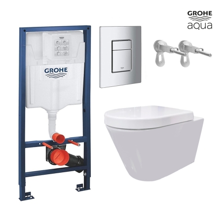 BASTIDOR GROHE CISTERNA EMPOTRADA Y PULSADOR CROMO BR CON INODORO SUSPENDIDO Rim-ex Avangard blanco br AQUA