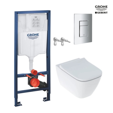 BASTIDOR GROHE PACK CON CISTERNA EMPOTRADA Y PULSADOR CROMO BRILLO CON INODORO SUSPENDIDO SMYLE SQUARE DE GEBERIT