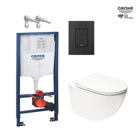 Bastidor GROHE pack cisterna empotrada y pulsador negro mate con inodoro suspendido Rim-ex Infinitio Blanco Brillo 54 cm de SAT