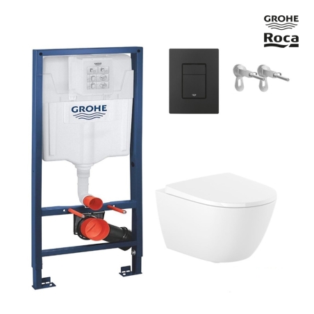 Bastidor GROHE pack cisterna empotrada y pulsador Negro Mate con inodoro suspendido Roca Ona Blanco 48 cm