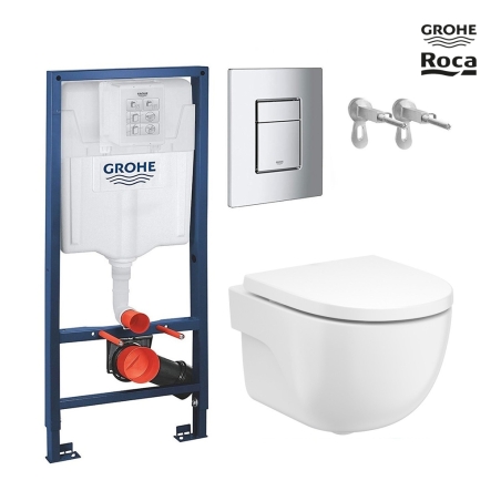 Bastidor GROHE pack cisterna empotrada y pulsador cromo con inodoro suspendido Roca Meridian Blanco 48 cm