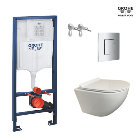 Bastidor GROHE pack cisterna empotrada y pulsador cromo brillo con inodoro suspendido ROUND Tornado 3.0 blanco 49 Tapa fina