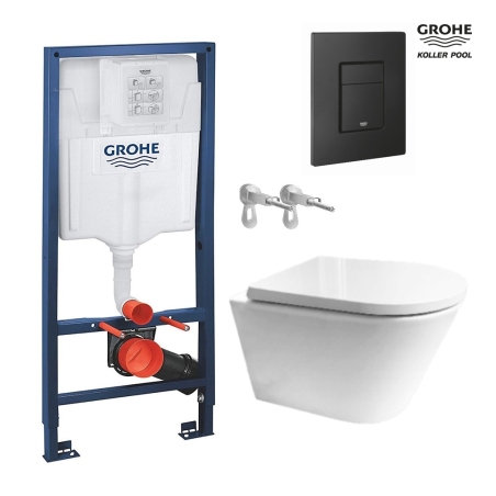 Bastidor GROHE pack cisterna empotrada y pulsador negro mate con inodoro susp ORION TORNADO TAPA ENVOLVENTE blanco brillo de KP