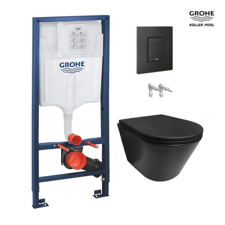 Bastidor GROHE pack cisterna empotrada y pulsador negro mate con inodoro suspendido ORION negro mate Tornado 3.0 de Koller Pool