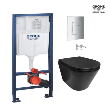Bastidor GROHE pack cisterna empotrada y pulsador cromo br con inodoro suspendido ORION negro mate Tornado 3.0 de Koller Pool