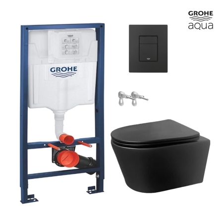 Bastidor GROHE pack cisterna empotrada y pulsador negro mate con inodoro suspendido Rimless ECLIPSE negro mate de AQUA