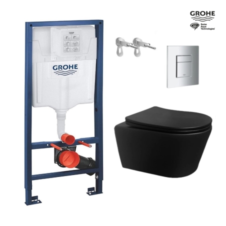 Bastidor GROHE pack cisterna empotrada y pulsador cromo brillo con inodoro suspendido Rim-ex Brevis Negro de SAT