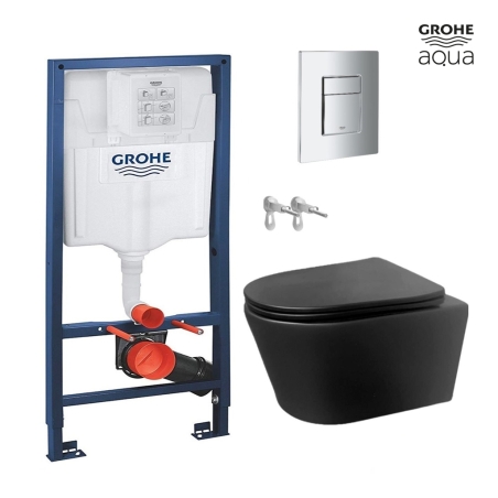 Bastidor GROHE pack cisterna empotrada y pulsador cromo brillo con inodoro suspendido Rimless ECLIPSE negro mate de AQUA