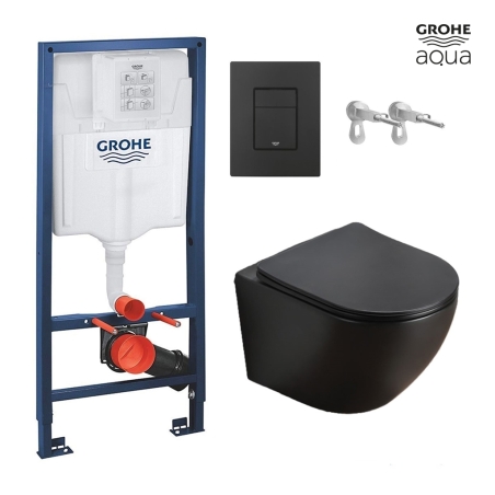 BASTIDOR GROHE PACK CISTERNA EMPOTRADA Y PULSADOR EVEN NEGRO CON INODORO SUSPENDIDO AQUA-ARIA WC KALIOPA NEGRO MATE
