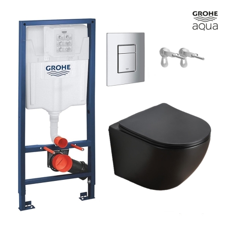 BASTIDOR GROHE PACK CISTERNA EMPOTRADA Y PULSADOR CROMO BR CON INODORO SUSPENDIDO AQUA-ARIA WC KALIOPA NEGRO MATE