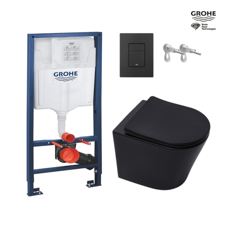Bastidor GROHE pack cisterna empotrada y pulsador negro mate con inodoro suspendido Rim-ex INFINITIO negro mate 48 cm de SAT