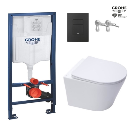 Bastidor GROHE pack cisterna empotrada y pulsador negro mate con inodoro suspendido Rim-ex Infinitio Blanco Mate 48 cm de SAT